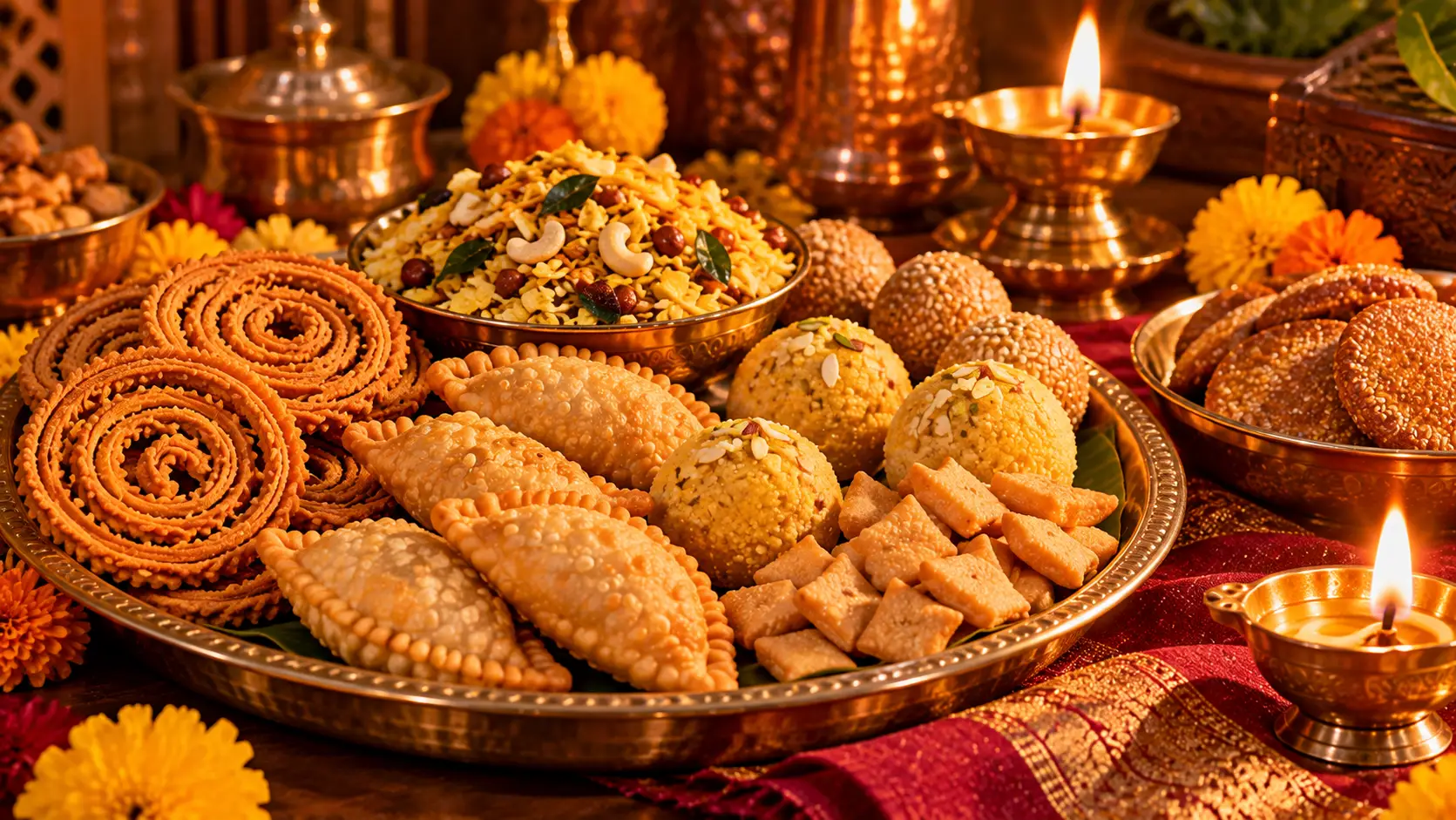 दिवाळीच्या फराळाचे ताट: चकली, करंजी, लाडू, चिवडा आणि शंकरपाळी