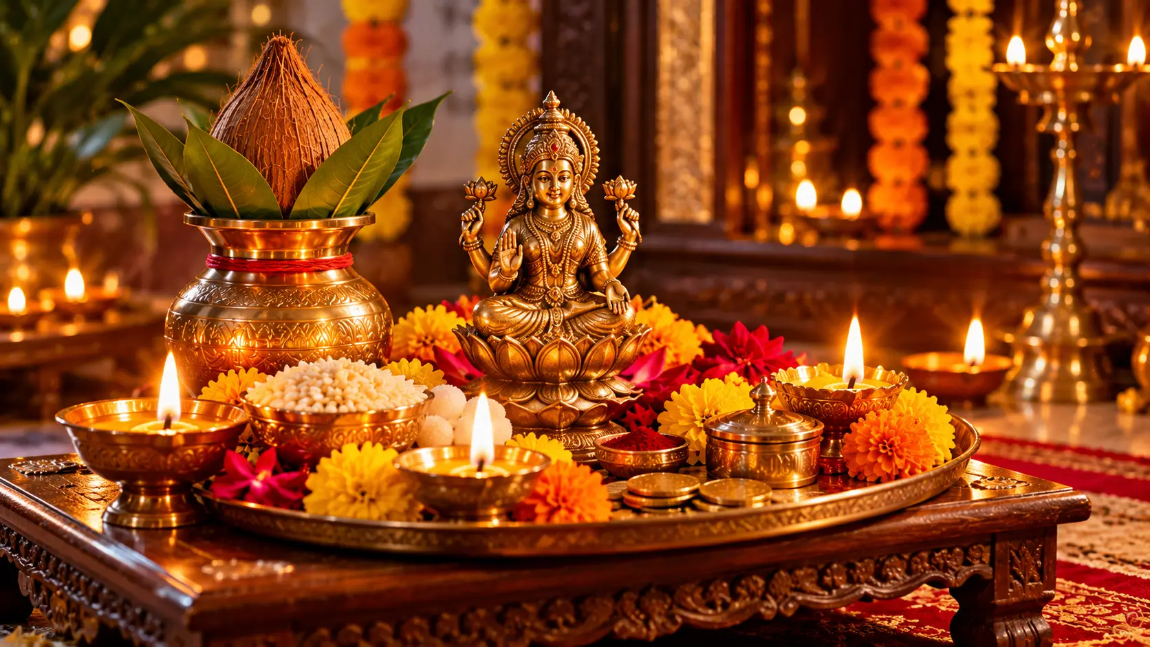 लक्ष्मीपूजनाची पूजा थाळी, लाह्या बत्तासे, दिवे आणि कलश