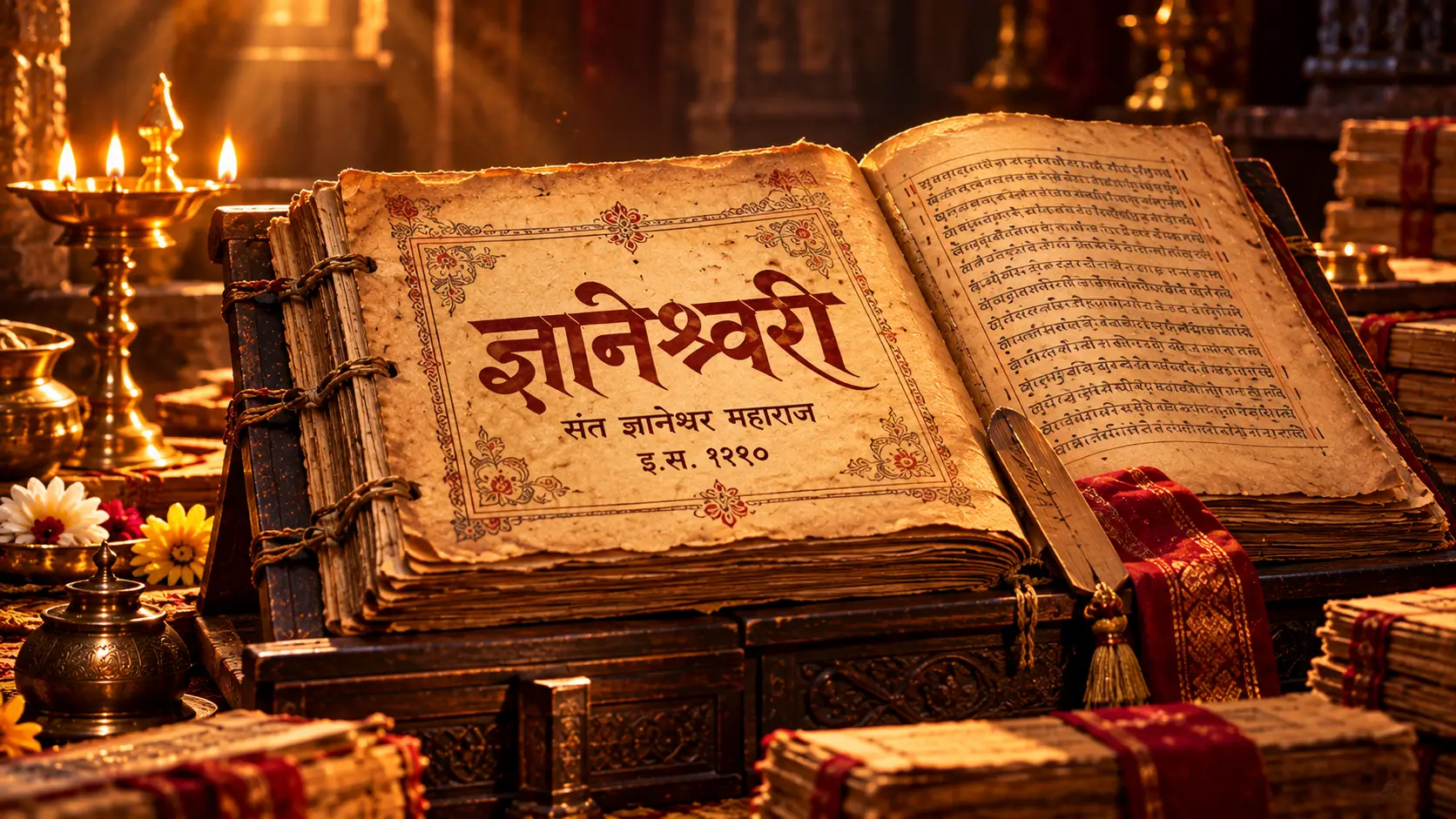 ज्ञानेश्वरी ग्रंथाचे कलात्मक हस्तलिखित दृश्य