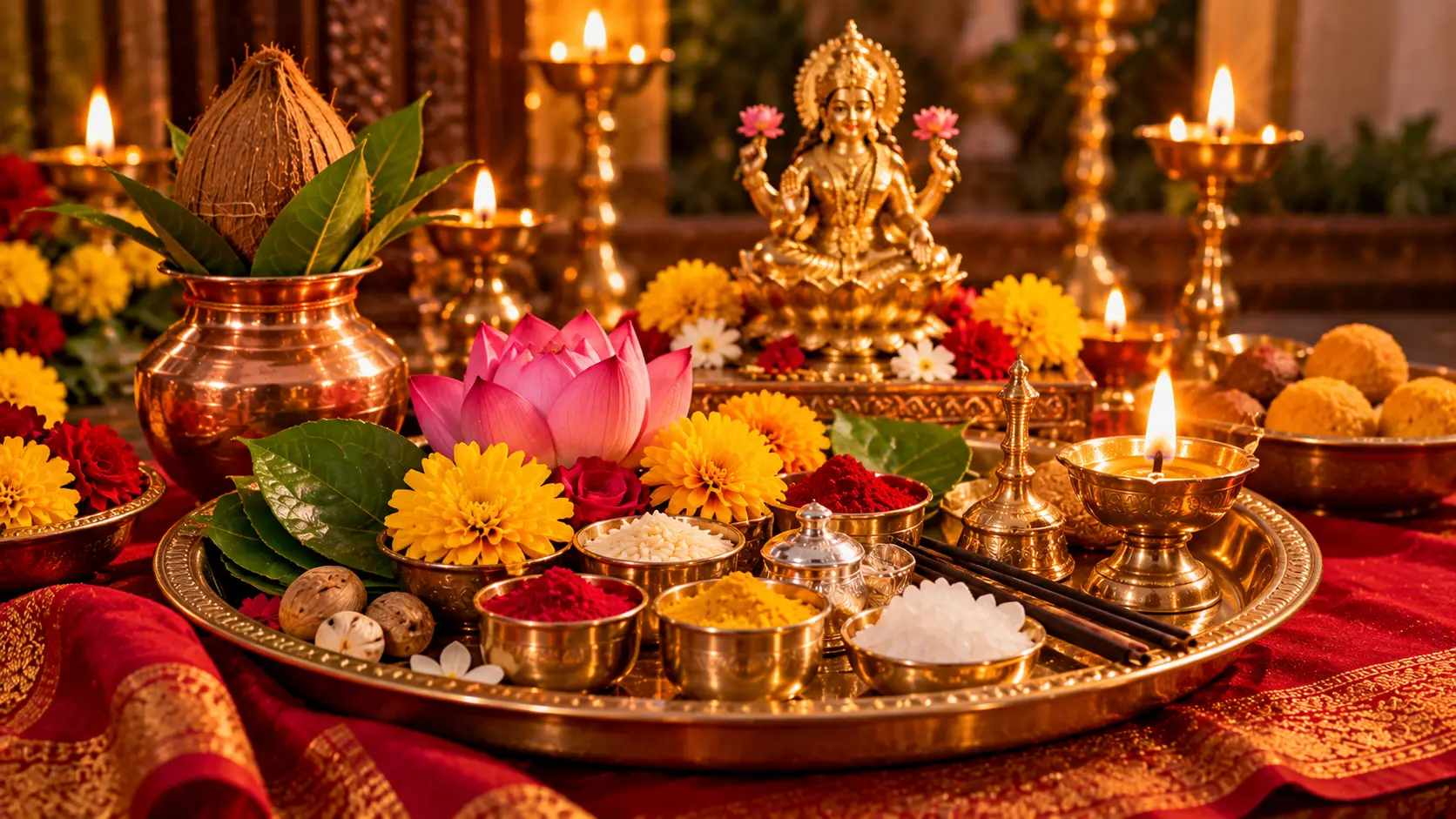 लक्ष्मीपूजनाची पूजा थाळी, कलश, कमळ आणि दिवे