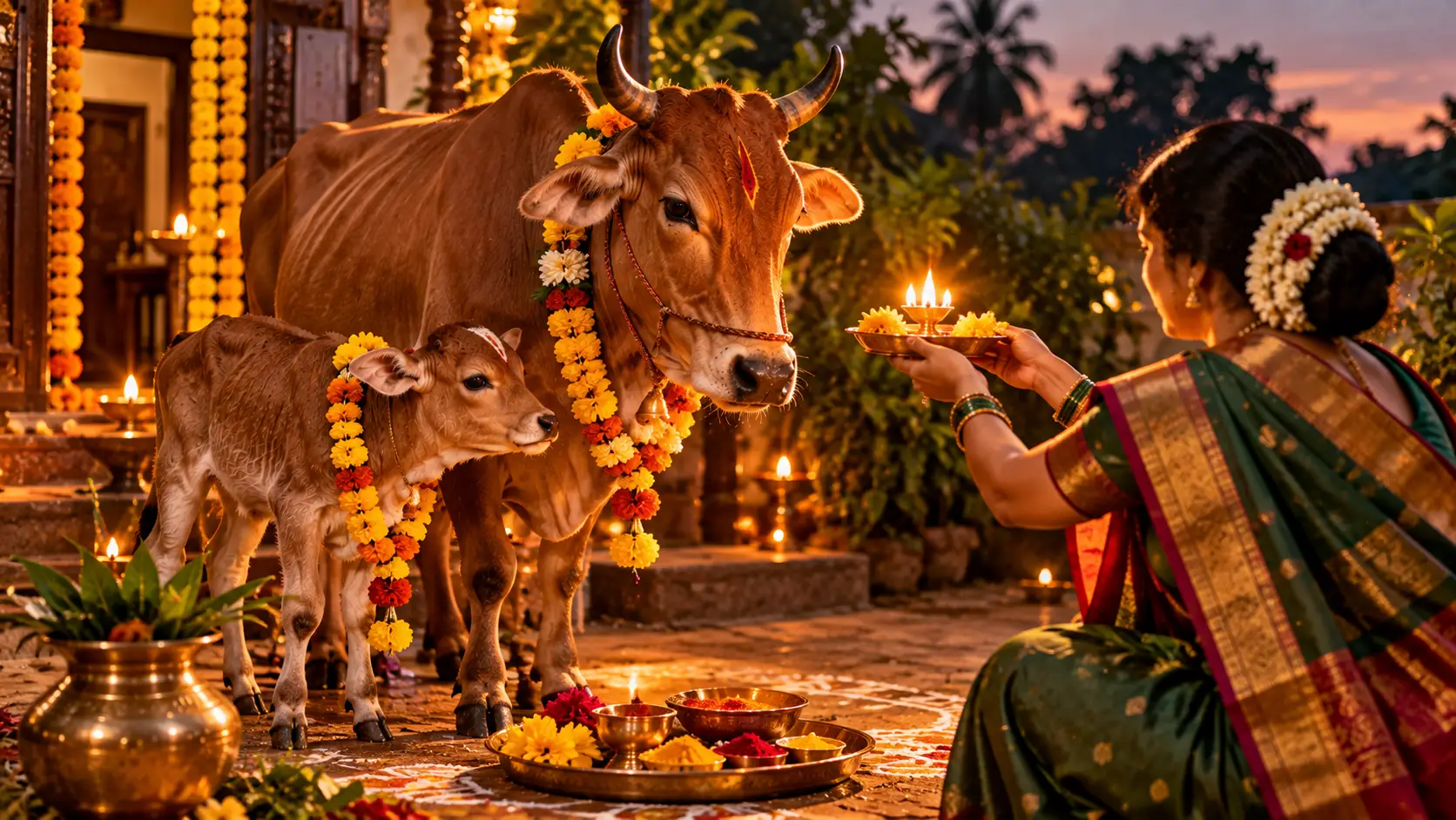 वसुबारसेला गाय आणि वासराचे औक्षण व पूजन