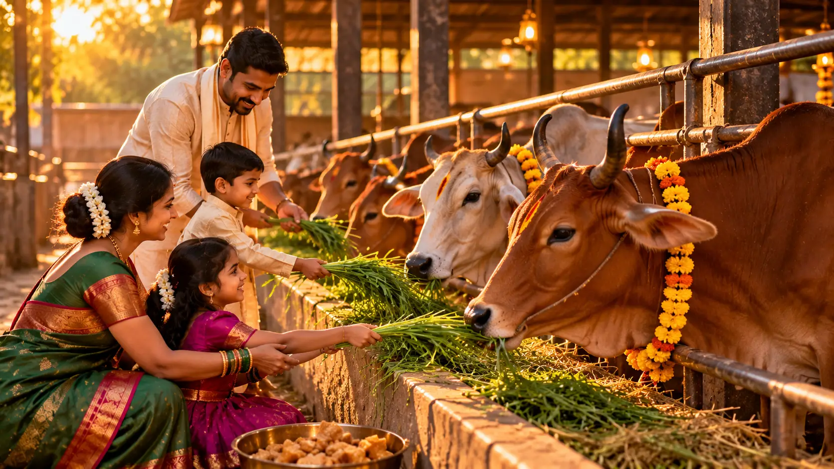 गोशाळेत गायींना चारा देताना कुटुंब